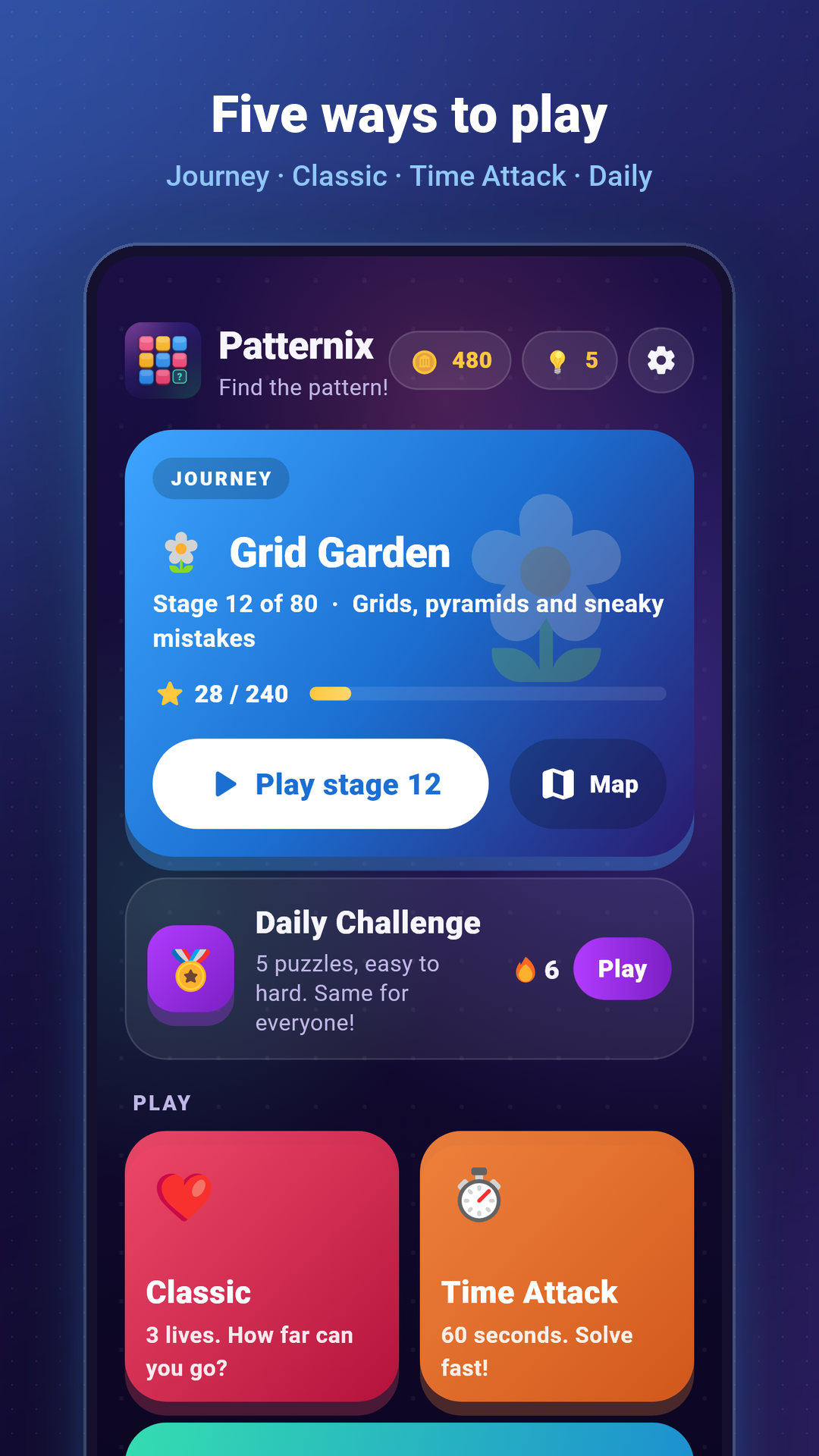 Patternix home screen with game modes