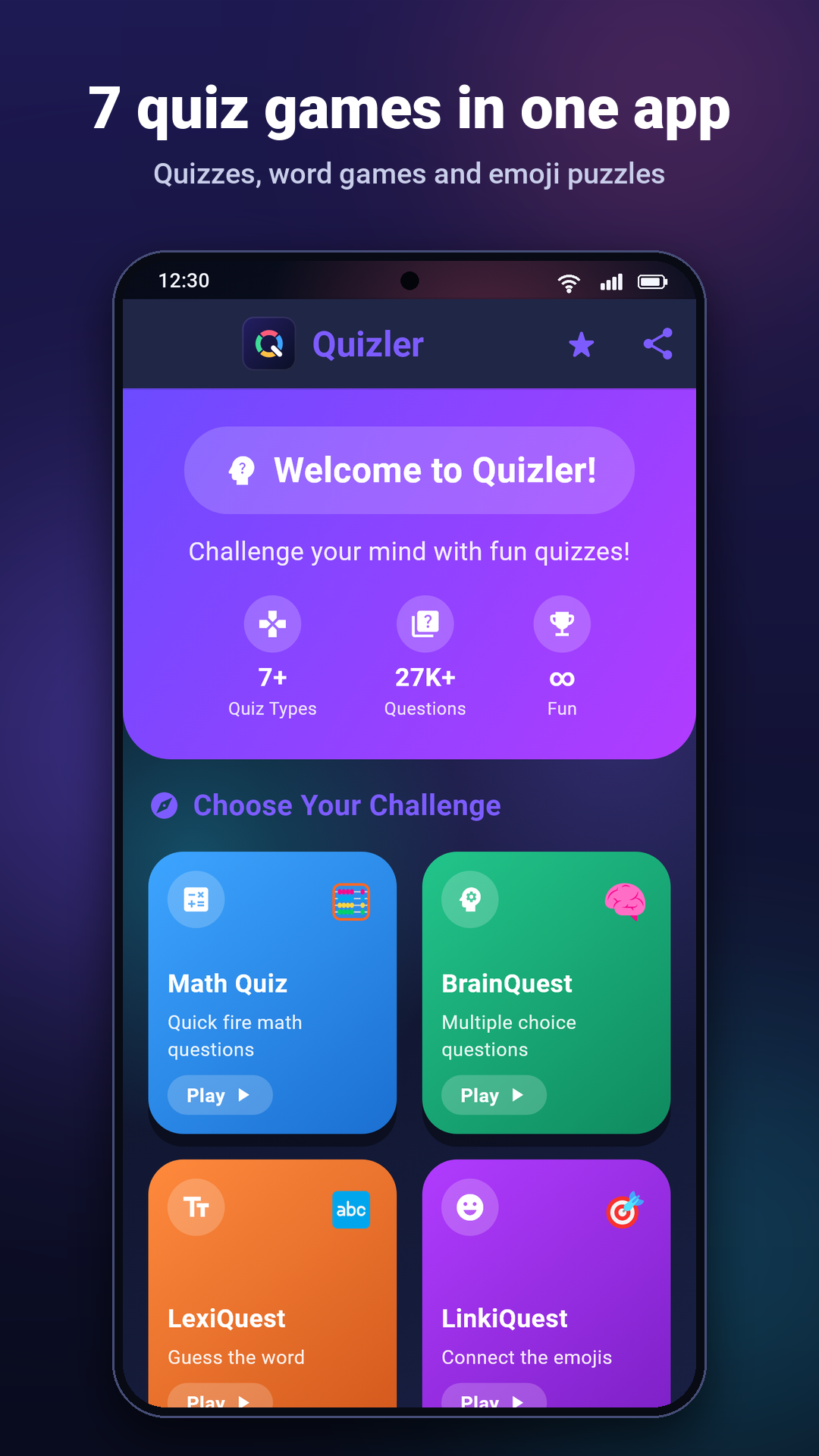 Quizler Quest home screen with quiz and word games